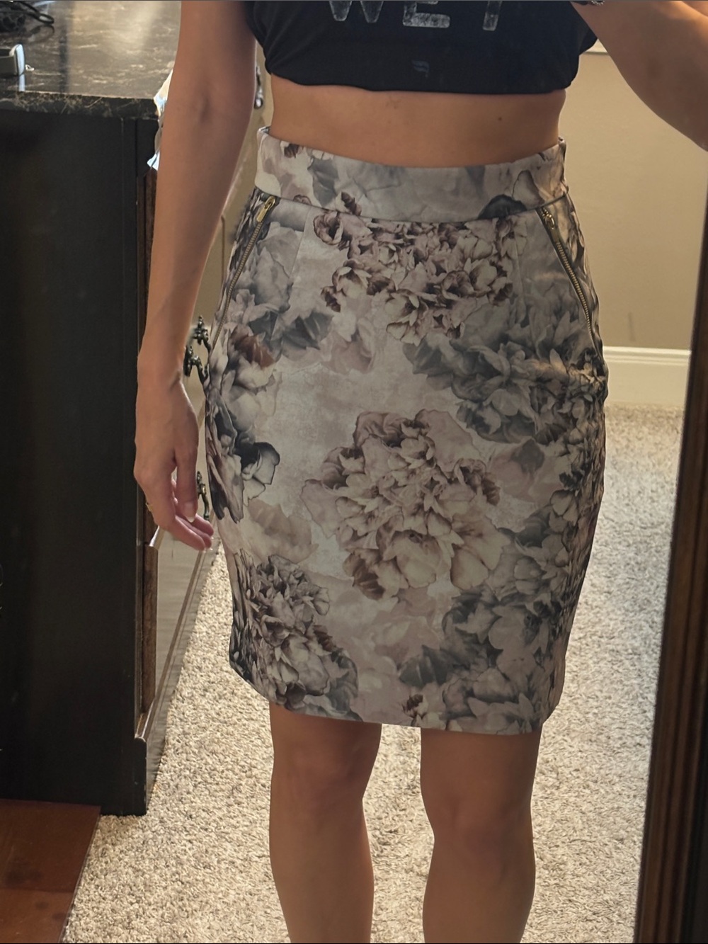 H&M Floral Pencil Skirt in Soft Gray and Taupe